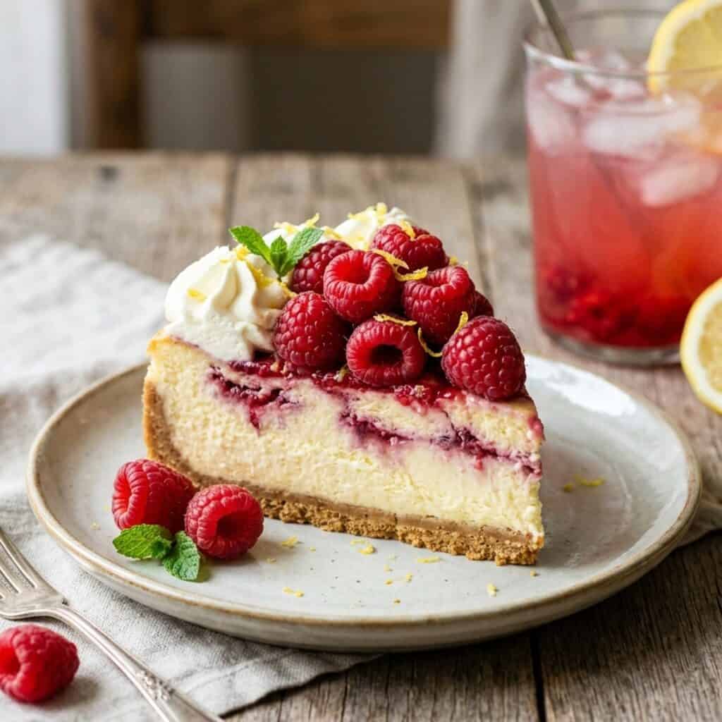Cremiger No-Bake Himbeer-Zitronen-Cheesecake mit Keksboden, verziert mit Sahnetupfen, frischen Himbeeren und gefriergetrockneten Himbeerbröseln auf einer Tortenplatte.
