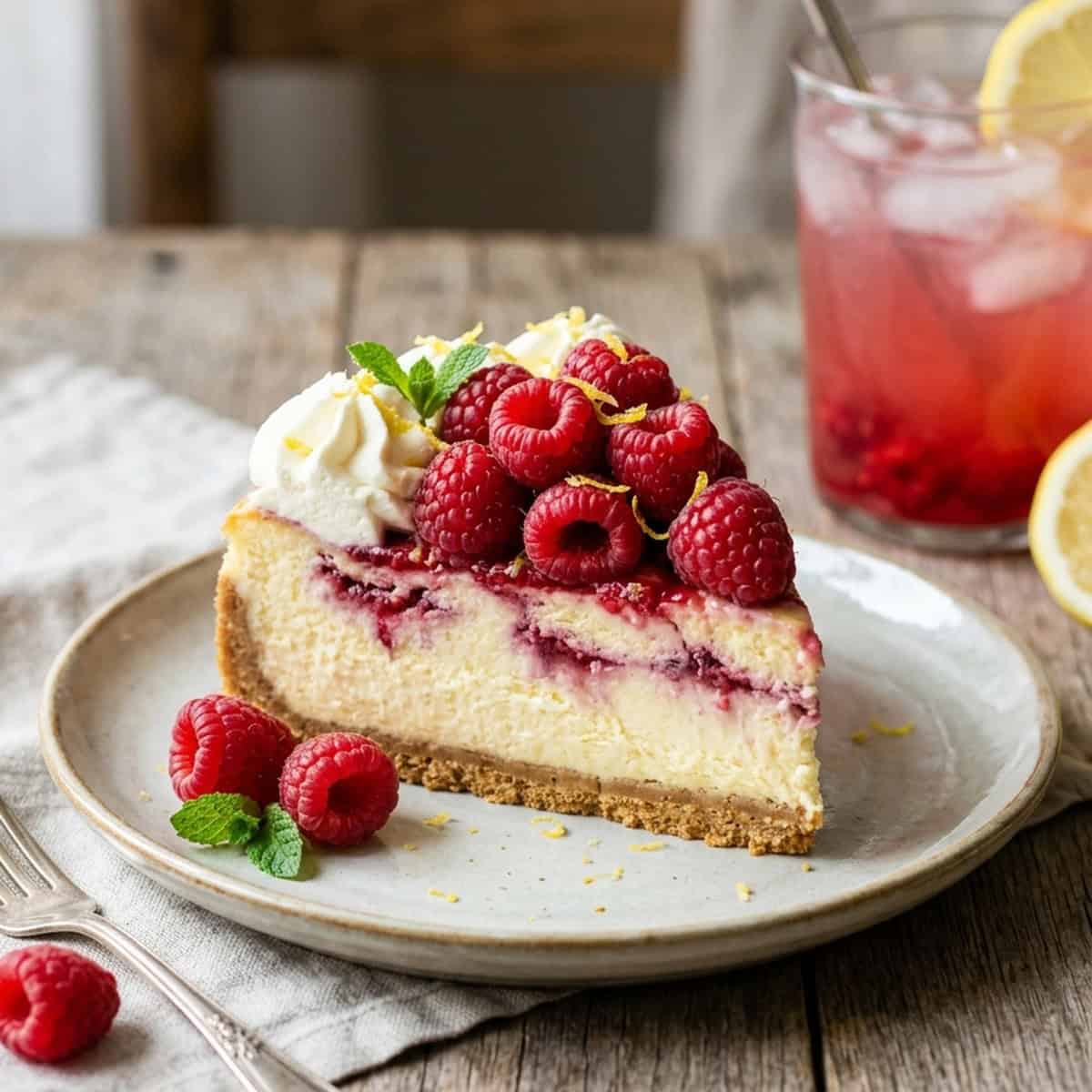 Sommerlicher Himbeer-Zitronen-Cheesecake ohne Backen auf knusprigem Keksboden