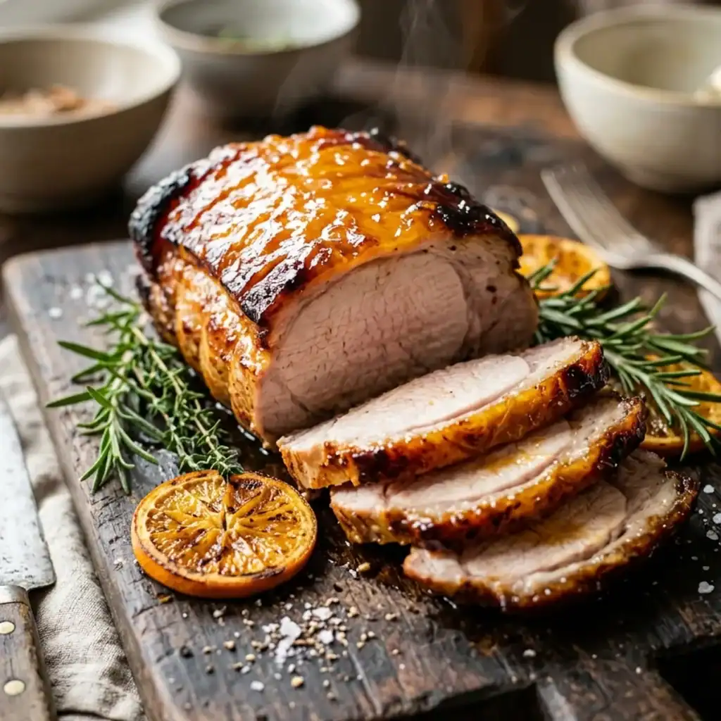 Saftig aufgeschnittener Schweinebraten mit glänzender Honig-Kruste, serviert mit Orangenscheiben und Kräutern auf einem Holzbrett.