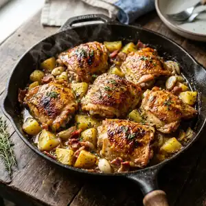Rustikale gusseiserne Pfanne mit gebräunten Hähnchenschenkeln, goldgelben Kartoffelstücken, krossem Speck und frischem Thymian in cremiger Honig-Senf-Sauce