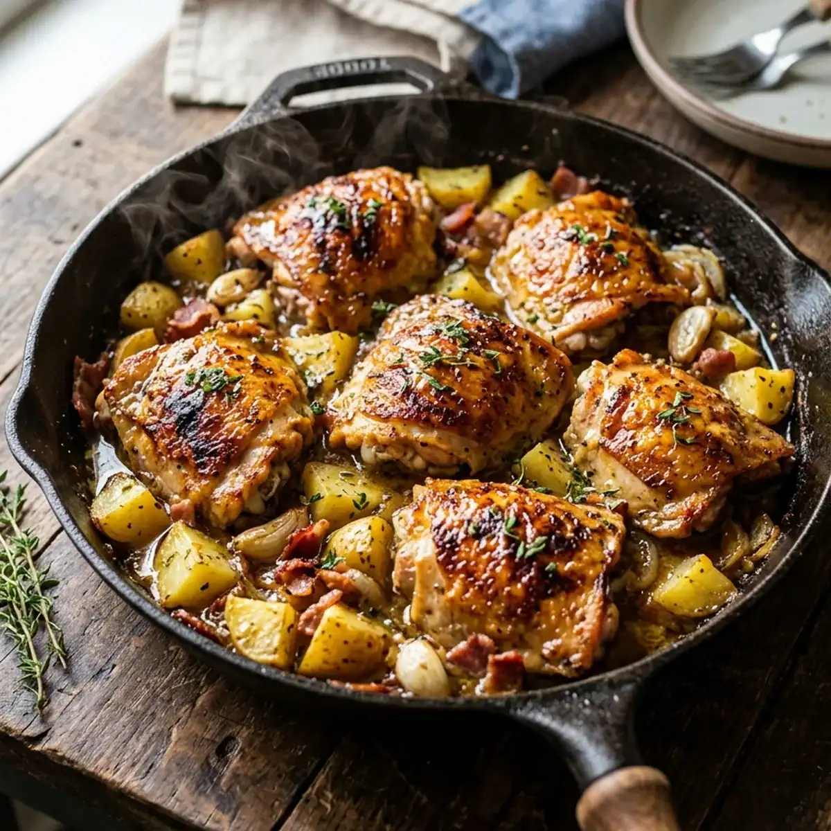 Knusprige Honig-Senf-Hähnchenschenkel aus dem Ofen mit Röstkartoffeln und Speck