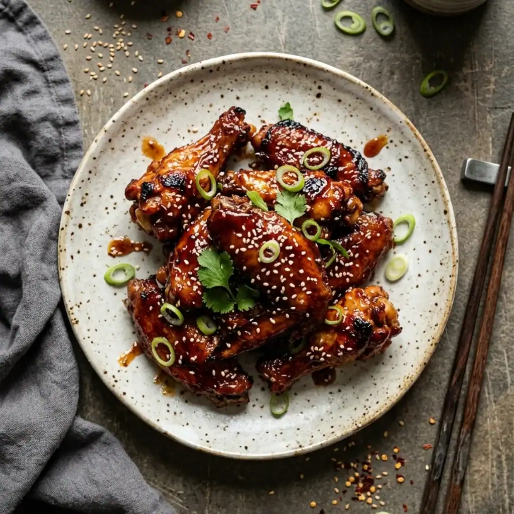 Klebrig glasierte Honig-Teriyaki-Chicken-Wings auf einem handgetöpferten Keramikteller, bestreut mit Frühlingszwiebeln und geröstetem Sesam.