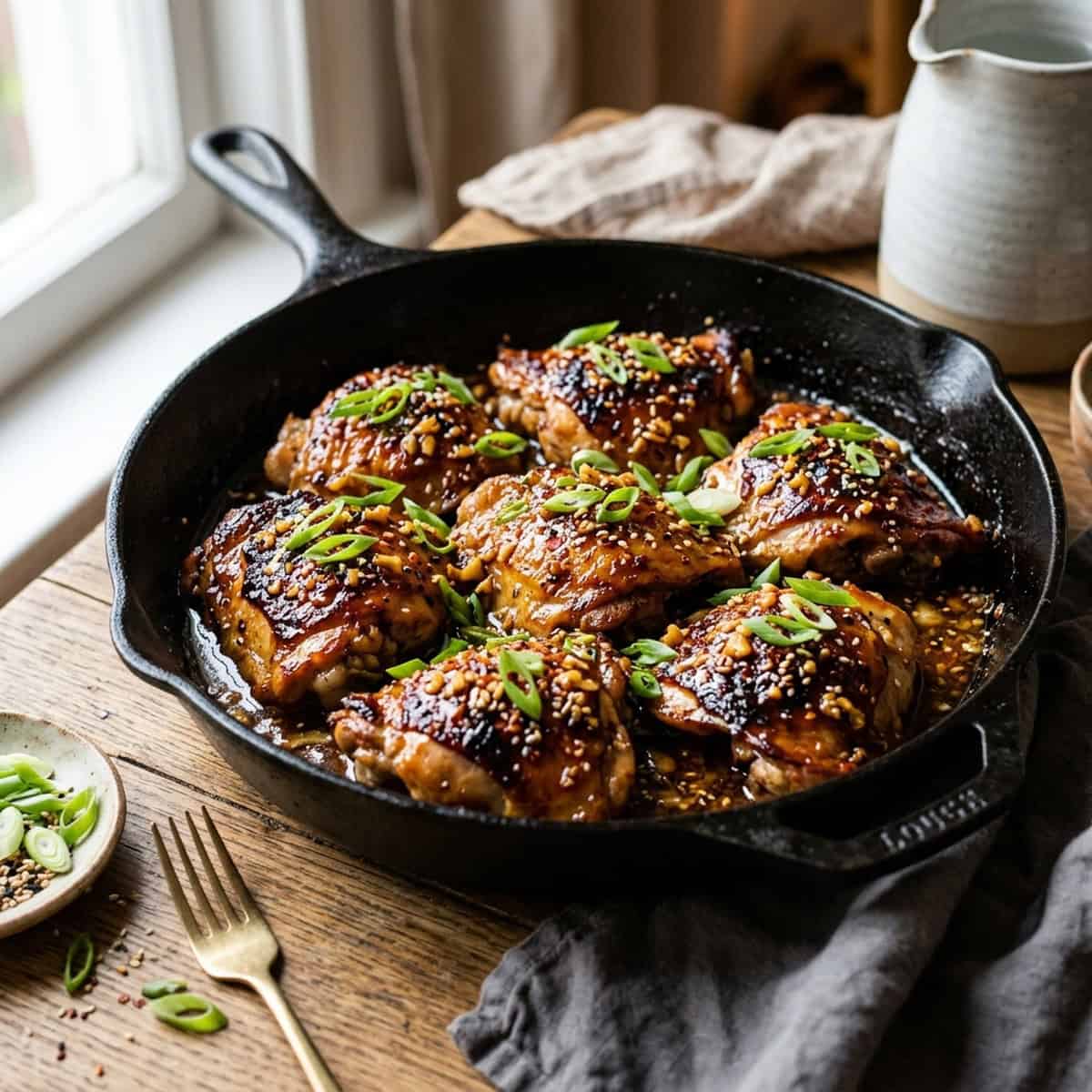Glasiertes, goldbraun knuspriges Hähnchenbrustfilet in reichhaltiger Honig-Knoblauch-Buttersauce mit frischem Thymian in einer Pfanne