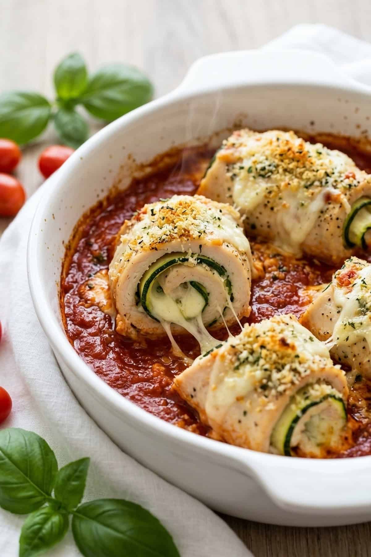 Hähnchen-Involtini mit Zucchini und Mozzarella serviert im rustikalen Teller bei sanftem Tageslicht