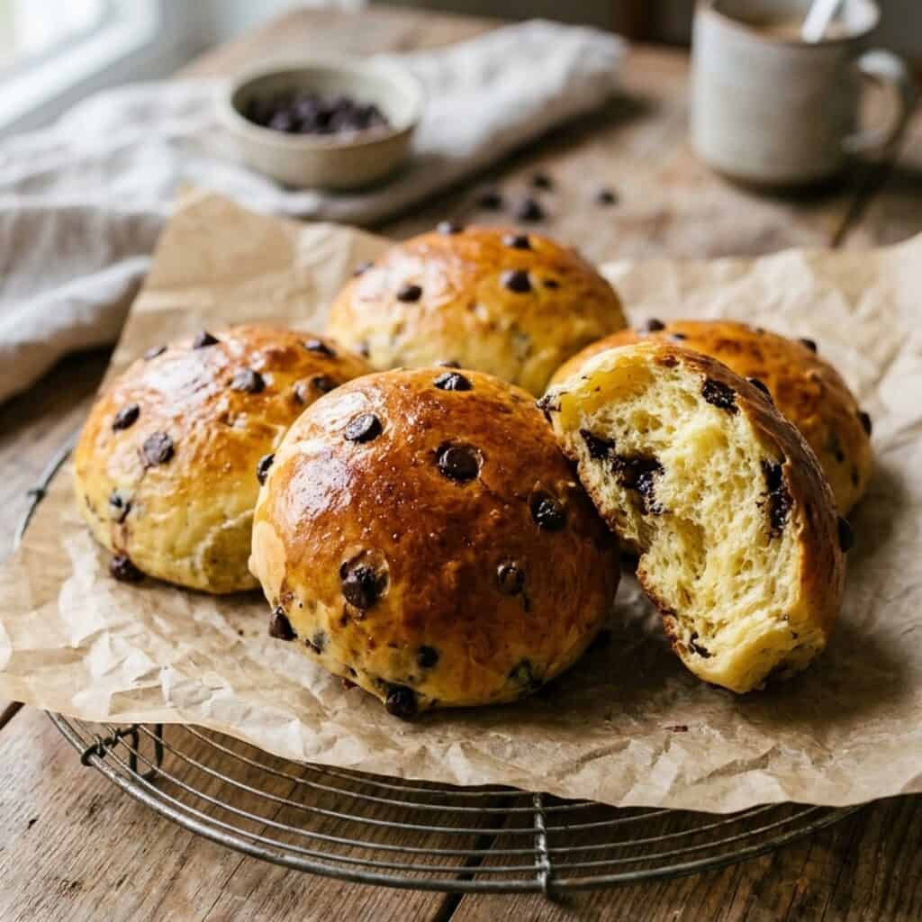 Frisch gebackene, goldbraune Schoko-Milchbrötchen mit sichtbaren Schokotropfen auf einem Kuchengitter.