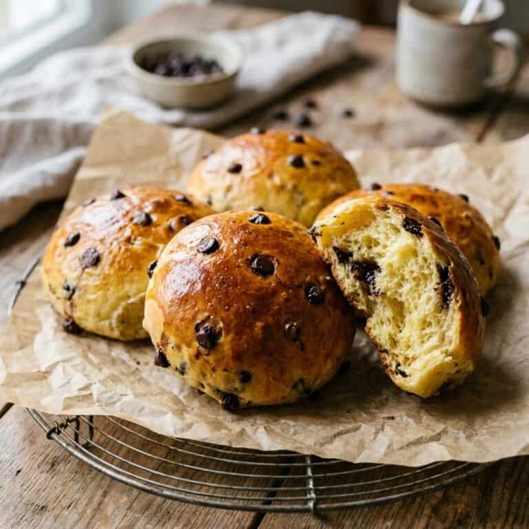 Frisch gebackene, goldbraune Schoko-Milchbrötchen mit sichtbaren Schokotropfen auf einem Kuchengitter.