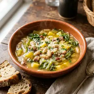 Dampfende Schale italienischer Bohneneintopf mit Endivienblättern, weißen Bohnen, Pancetta und geriebenem Parmesan serviert mit Landbrot.