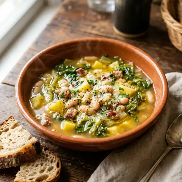 Dampfende Schale italienischer Bohneneintopf mit Endivienblättern, weißen Bohnen, Pancetta und geriebenem Parmesan serviert mit Landbrot.