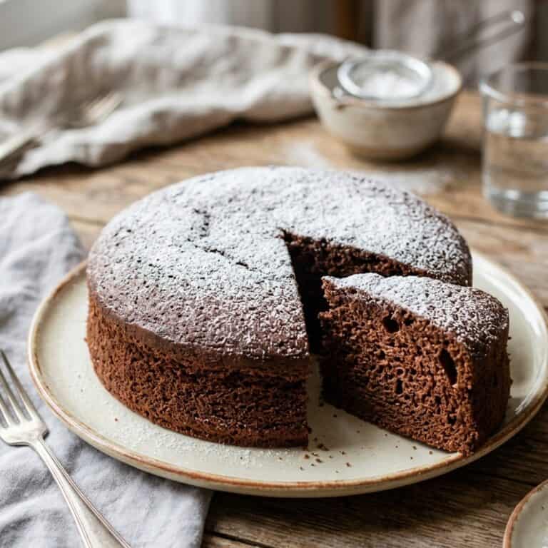 Ein saftiges Stück italienischer Schoko-Wolkenkuchen auf einem eleganten Dessertteller, fein mit Puderzucker bestäubt.