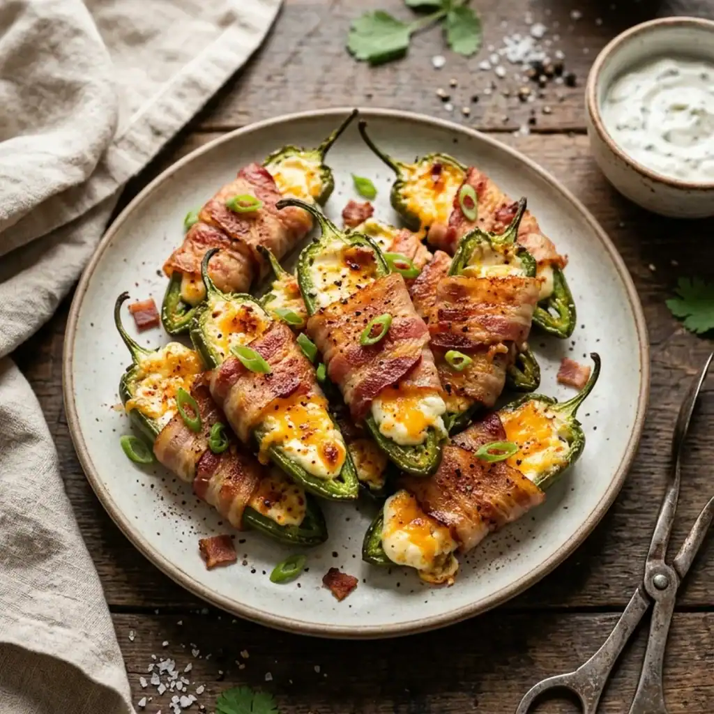 Draufsicht auf goldbraun gebackene Jalapeño Poppers im krossen Speckmantel mit geschmolzener Käsefüllung auf einer rustikalen Servierplatte.