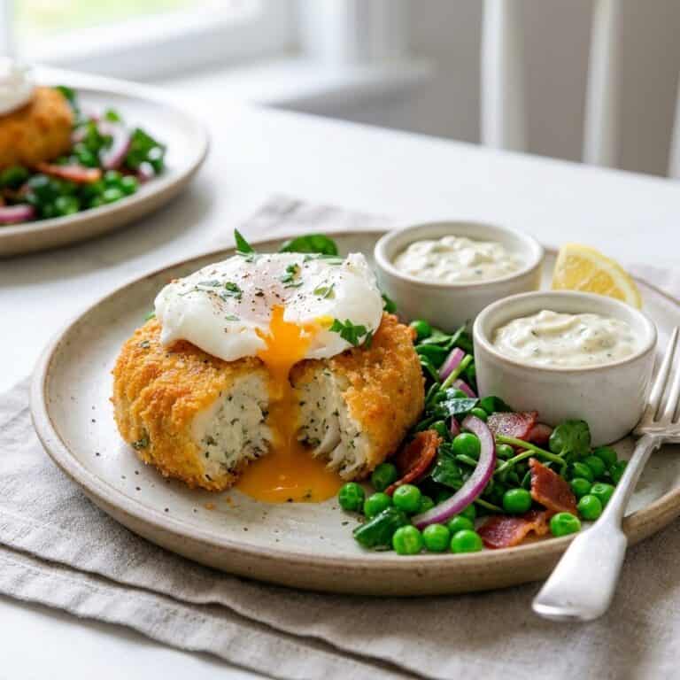 Frisch zubereitetes Gericht: Kabeljau-Fishcakes mit warmem Erbsen-Bacon-Salat und pochiertem Ei
