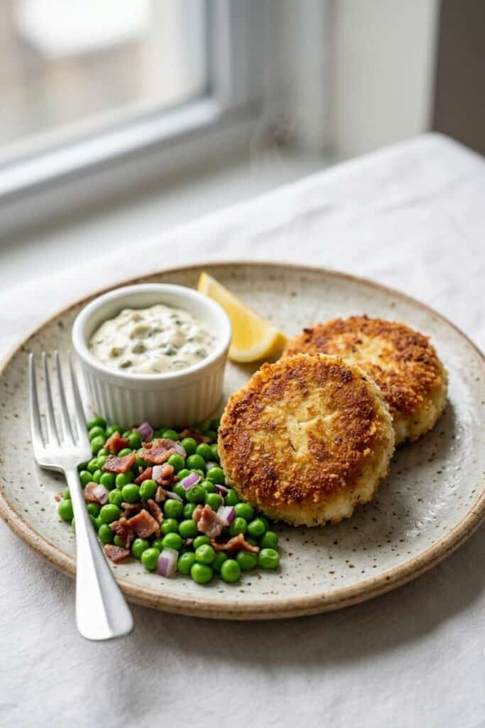Kabeljau-Fishcakes mit warmem Erbsen-Bacon-Salat und pochiertem Ei serviert im rustikalen Teller bei sanftem Tageslicht
