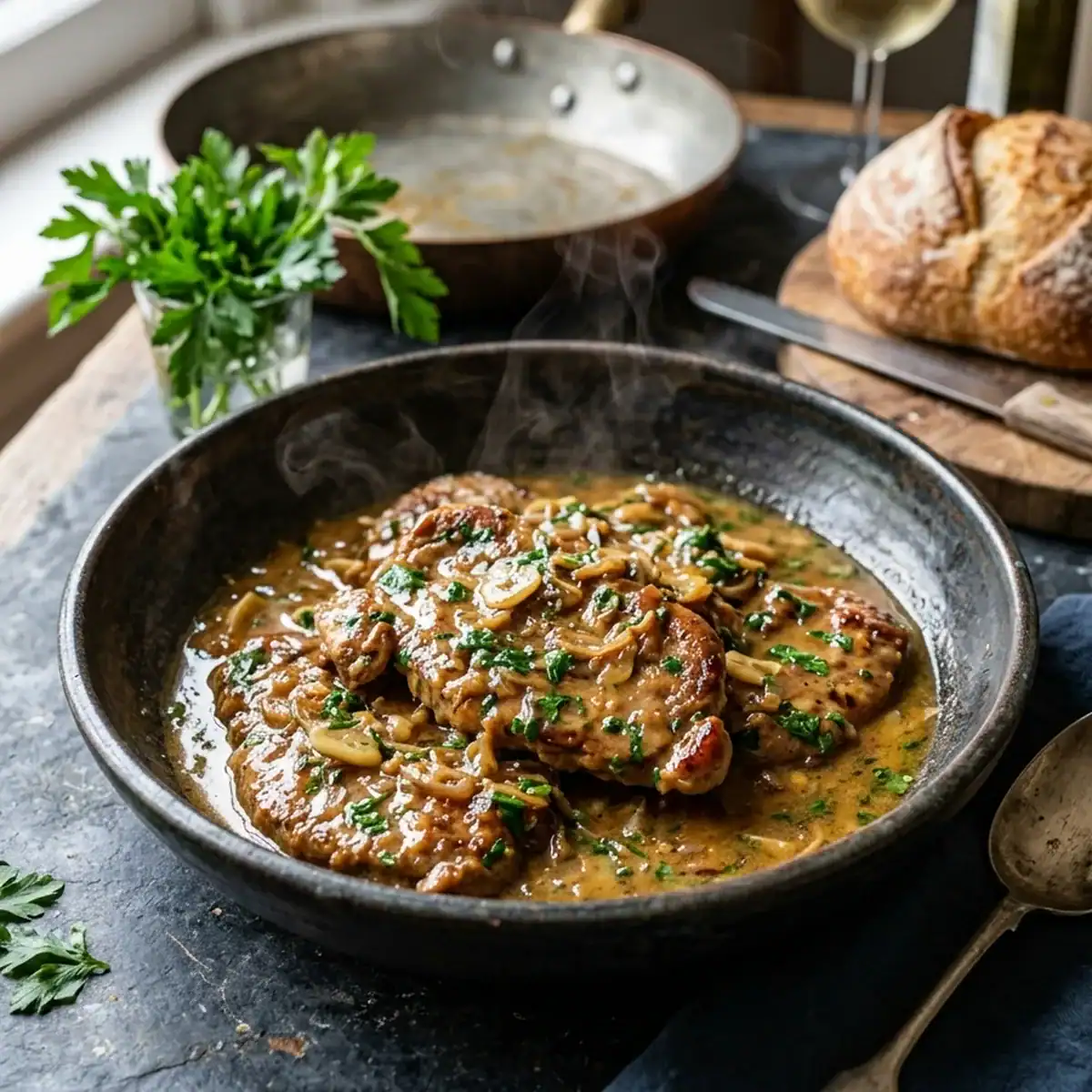 Zartes Kalbfleisch in würziger Knoblauch-Weißwein-Sauce nach Korfu-Art