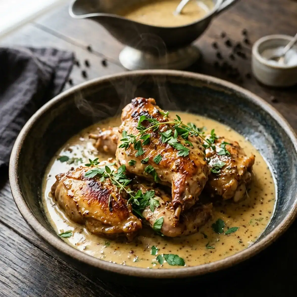 Zart geschmortes Kaninchen in samtiger Senf-Kräuter-Sauce