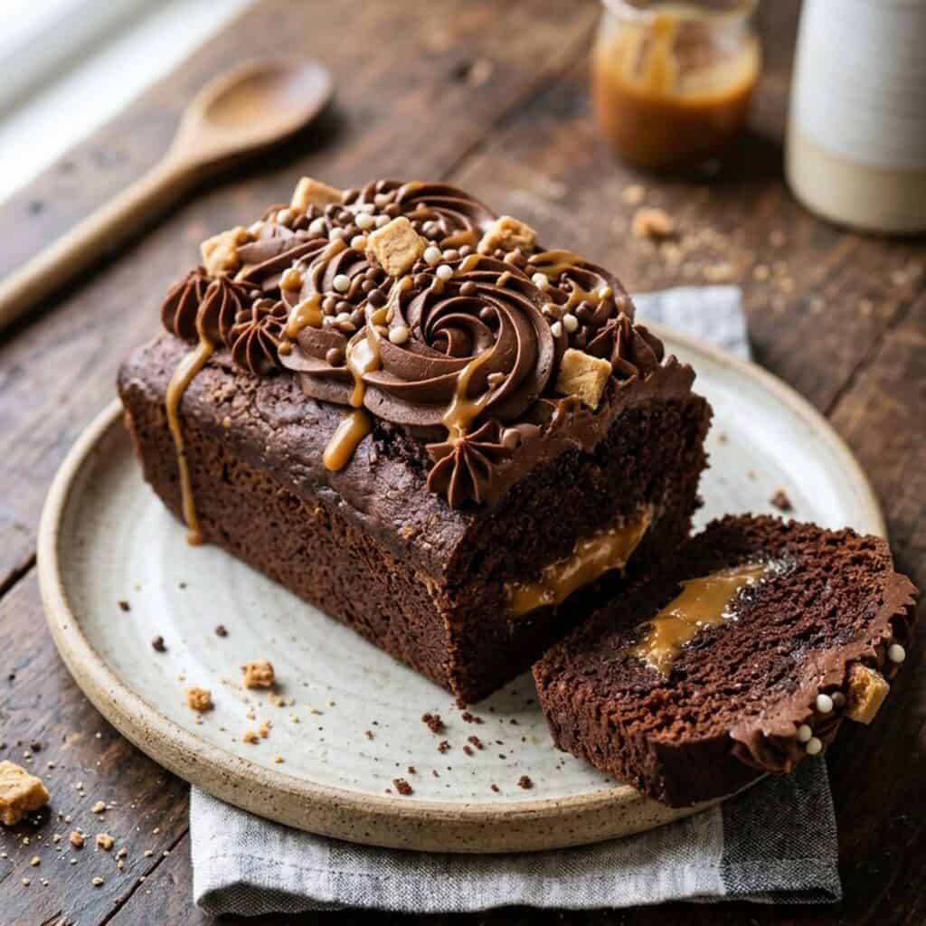 Saftiger Schoko-Karamell-Kastenkuchen mit aufgespritzter Schokoladenbuttercreme, flüssigem Karamellkern und Schoko-Gebäckstücken auf einer Kuchenplatte.