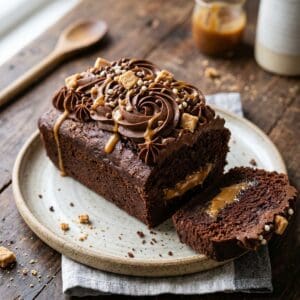 Saftiger Schoko-Karamell-Kastenkuchen mit aufgespritzter Schokoladenbuttercreme, flüssigem Karamellkern und Schoko-Gebäckstücken auf einer Kuchenplatte.