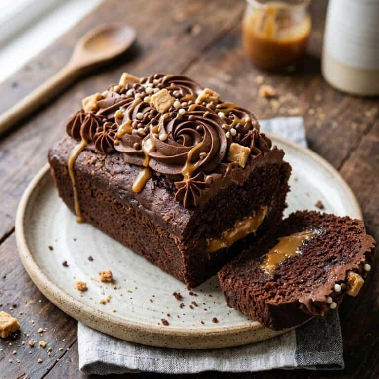 Saftiger Schoko-Karamell-Kastenkuchen mit aufgespritzter Schokoladenbuttercreme, flüssigem Karamellkern und Schoko-Gebäckstücken auf einer Kuchenplatte.