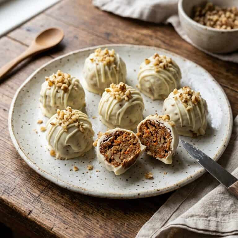 Helle Karottenkuchen-Pralinen mit knackigem Überzug aus weißer Schokolade und gehackten Walnüssen auf einer rustikalen Servierplatte.