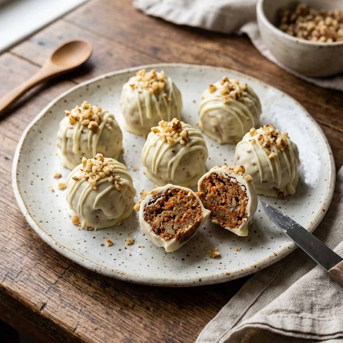 Feine Karottenkuchen-Pralinen im weißen Schokomantel