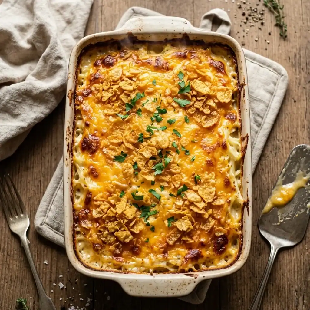 Draufsicht auf einen dampfenden Kartoffel-Cheddar-Auflauf in einer rustikalen Auflaufform mit goldbrauner Knusperkruste aus zerbröselten Cornflakes und geschmolzenem Käse.