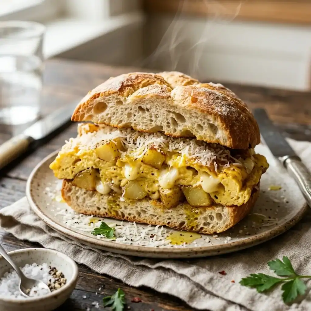 Ein knuspriges Kaiserbrötchen, reichlich gefüllt mit saftigem Kartoffel-Ei-Omelett und geschmolzenem Käse, aus der Nahperspektive.