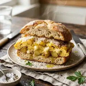 Ein knuspriges Kaiserbrötchen, reichlich gefüllt mit saftigem Kartoffel-Ei-Omelett und geschmolzenem Käse, aus der Nahperspektive.