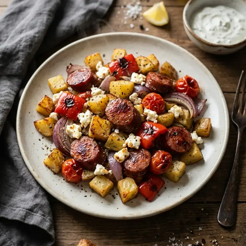 Dampfende Kartoffel-Wurst-Pfanne aus dem Airfryer mit gerösteten Kartoffelwürfeln, Cabanossi, roter Paprika und Feta auf einem rustikalen Teller.