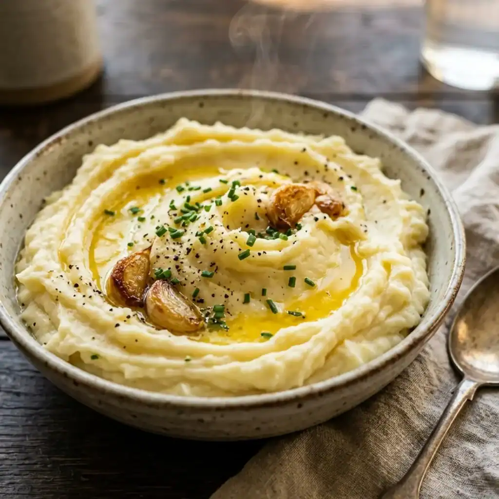 Ein eleganter Keramikteller mit dampfendem, cremig gerührtem Kartoffelpüree, verfeinert mit flüssiger Butter, Schnittlauch und geröstetem Knoblauch.