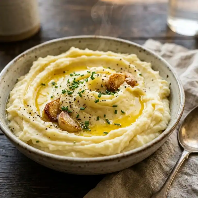 Ein eleganter Keramikteller mit dampfendem, cremig gerührtem Kartoffelpüree, verfeinert mit flüssiger Butter, Schnittlauch und geröstetem Knoblauch.