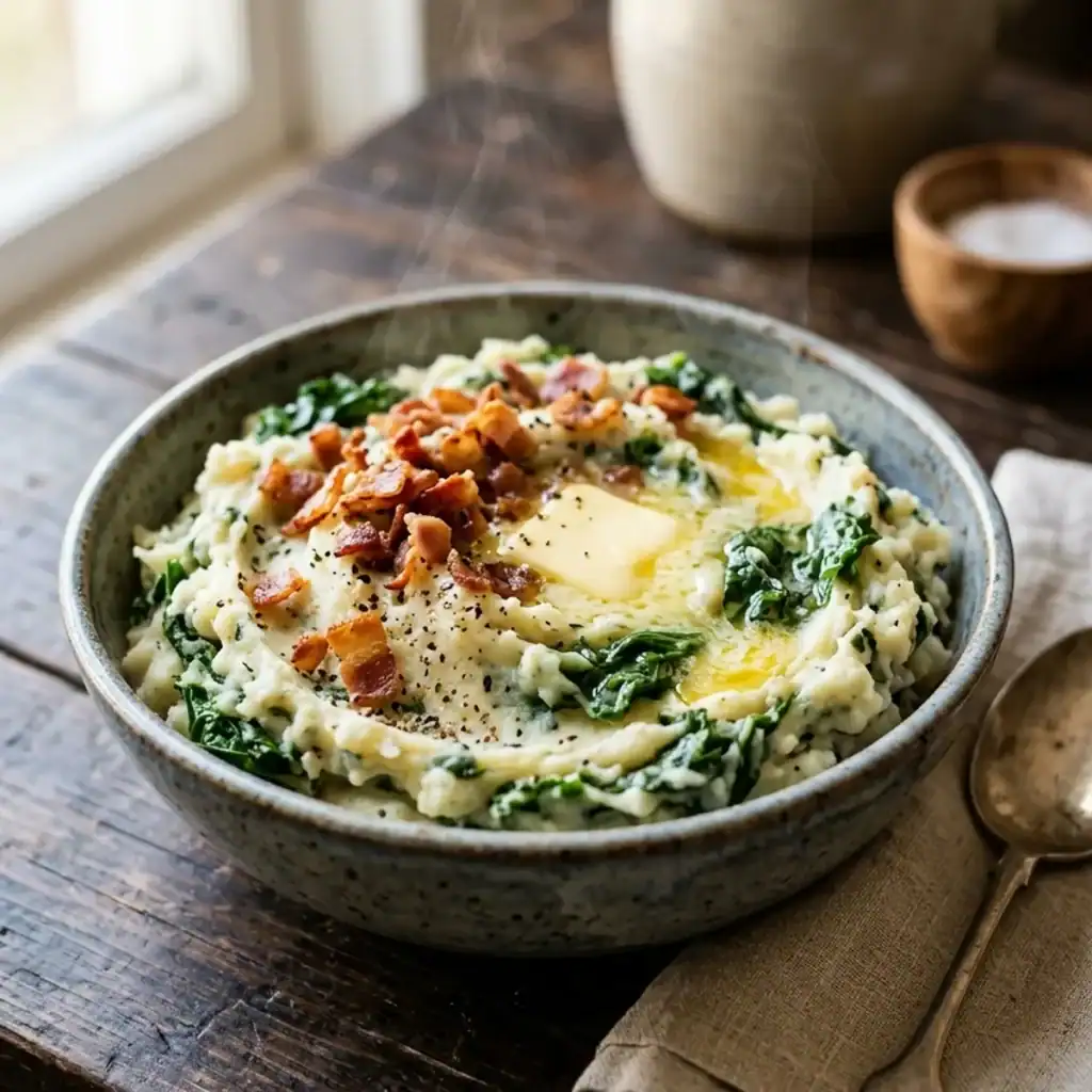 Cremiger Kartoffelstampf mit zartem Grünkohl und knusprig gebratenem Bacon in einer rustikalen Keramikschale.