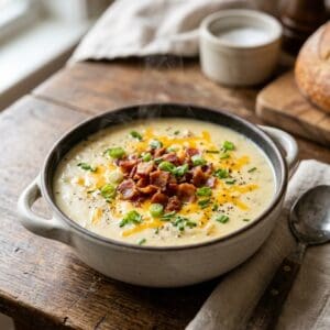 Dampfende Schale cremige Kartoffelsuppe, garniert mit geschmolzenem Cheddar-Käse, knusprigen Speckwürfeln und feinen Frühlingszwiebeln.