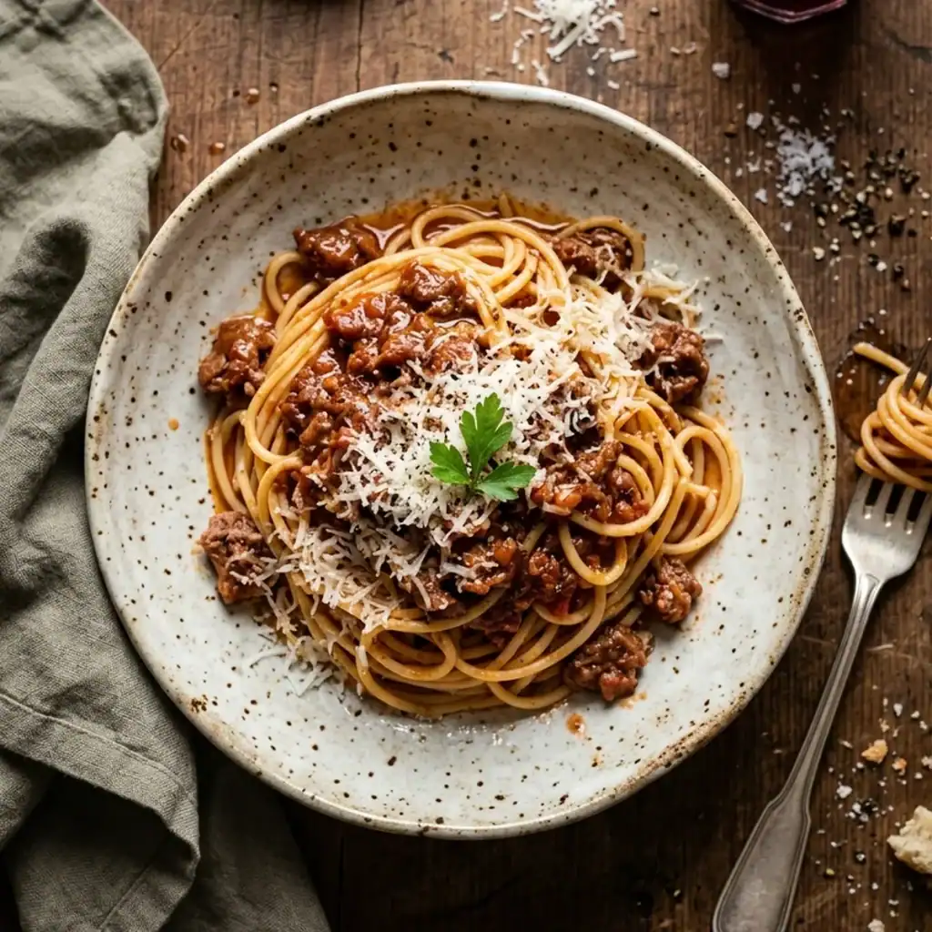 Spaghetti Bolognese in einer rustikalen Keramikschale mit glänzender Hackfleischsauce, frisch geriebenem Parmesan und grobem Pfeffer aus der Vogelperspektive.
