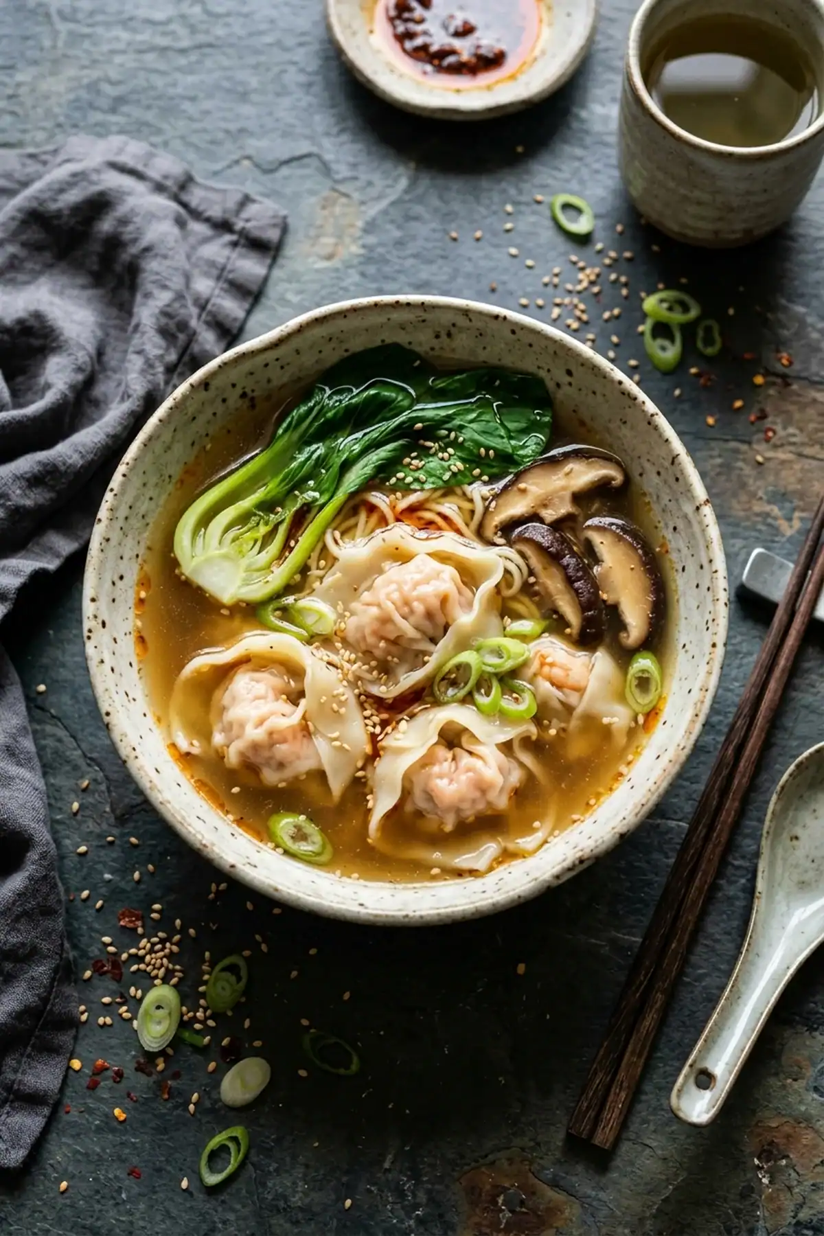 Klassische Wan-Tan-Nudelsuppe mit saftigen Garnelen und Pak Choi