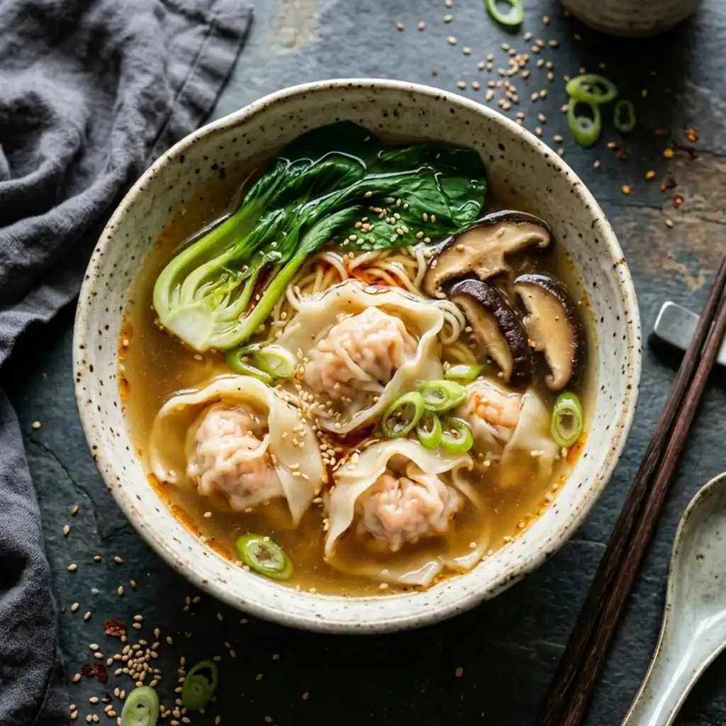 Dampfende Schale Wan-Tan-Nudelsuppe mit zarten Teigtaschen, Eiernudeln, Pak Choi und Pilzen in einer handgemachten Steingutschale aus der Vogelperspektive.
