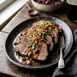 Dünne Scheiben von zartem Sauerbraten auf einer dunklen Servierplatte, übergossen mit dunkelbrauner Rosinensauce und garniert mit frischer Petersilie.