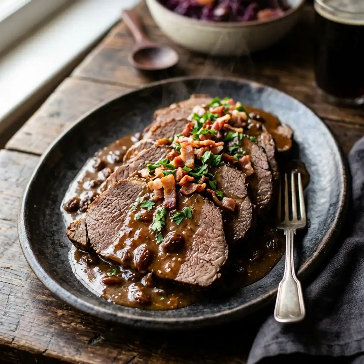 Klassischer rheinischer Sauerbraten mit samtiger Rosinen-Rotwein-Sauce