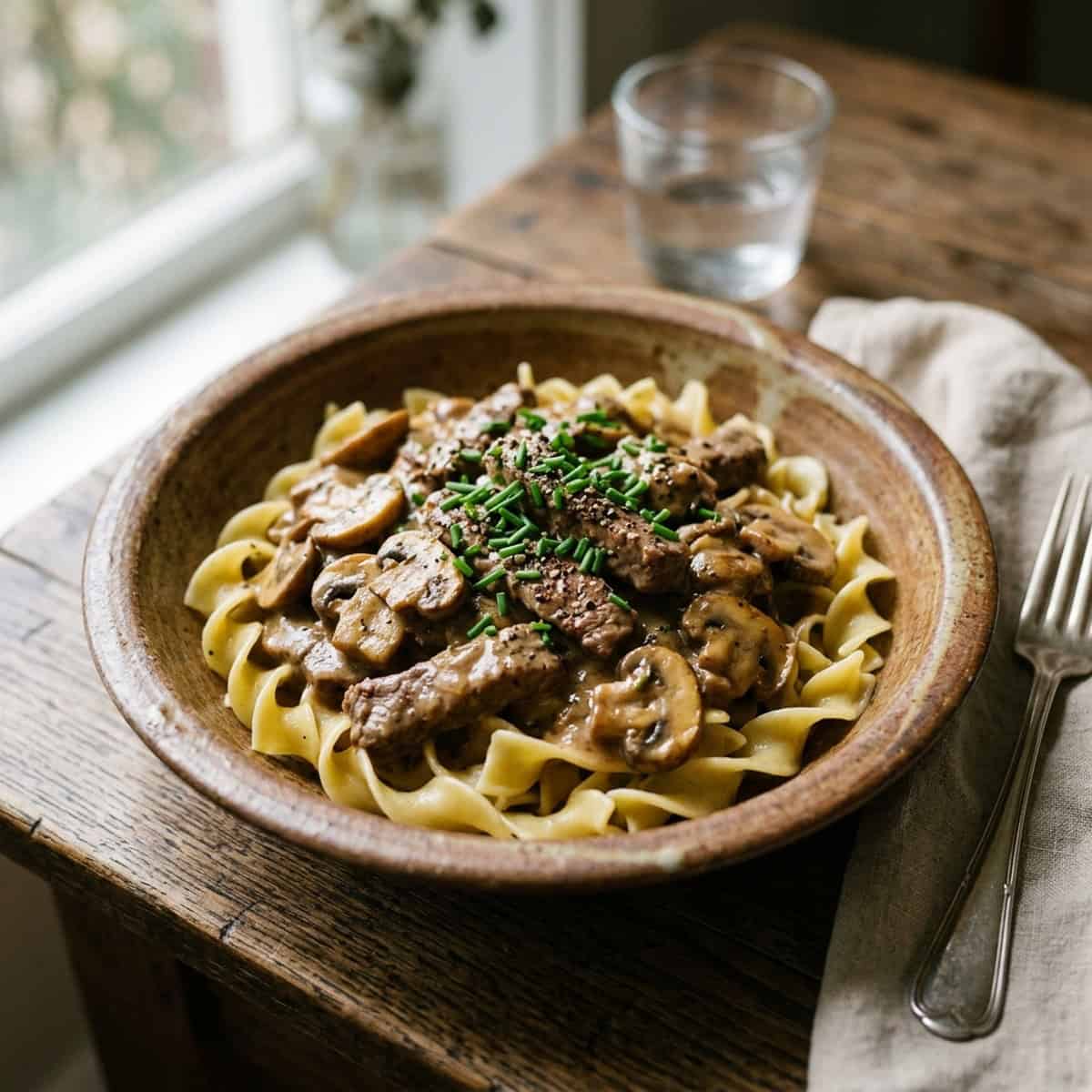 Zartes Boeuf Stroganoff mit Rinderfiletstreifen und Champignons in sämiger Schmandsauce, garniert mit frischer Petersilie auf Bandnudeln