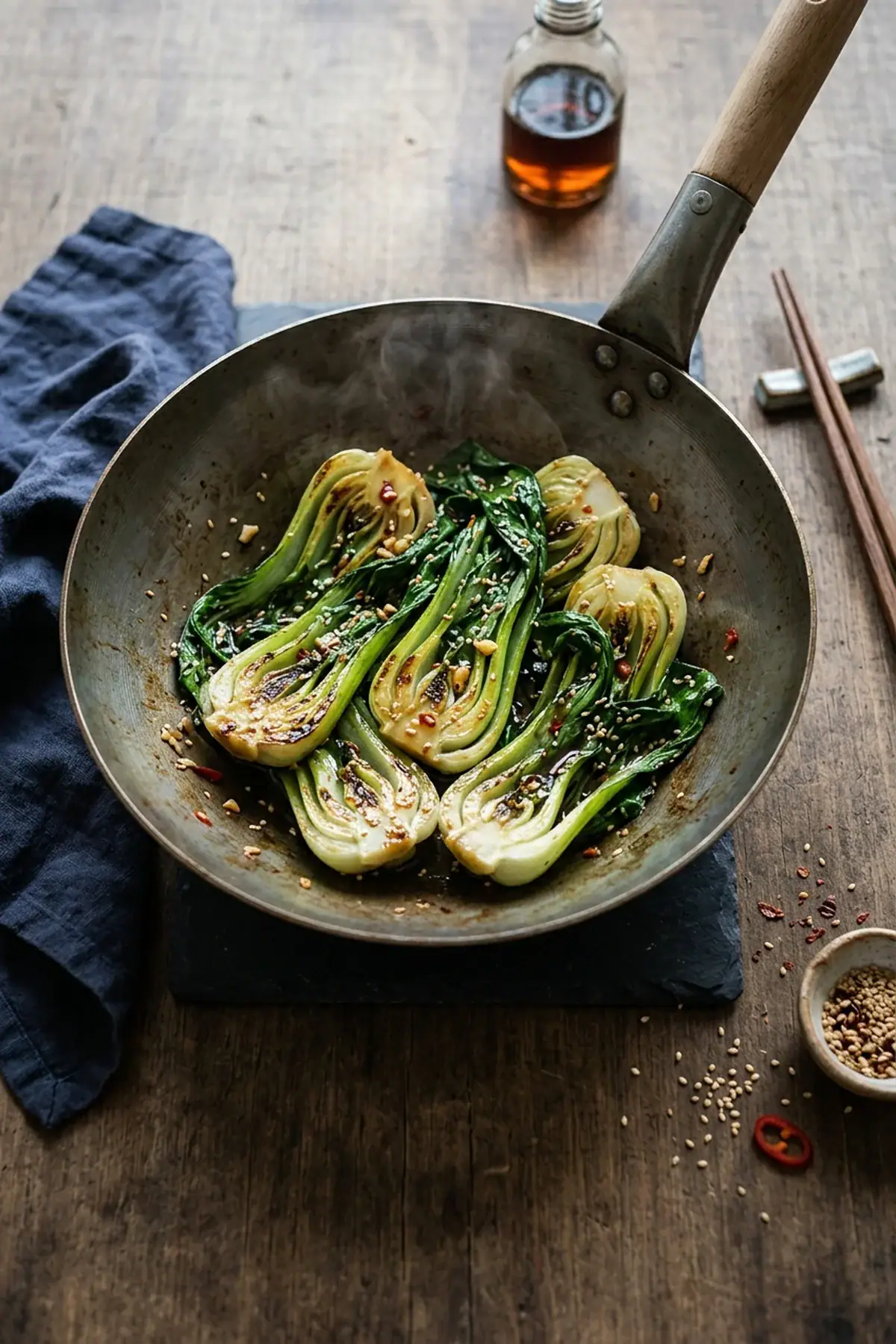 Knackiger Pak Choi aus dem Wok mit Knoblauch und Sesam