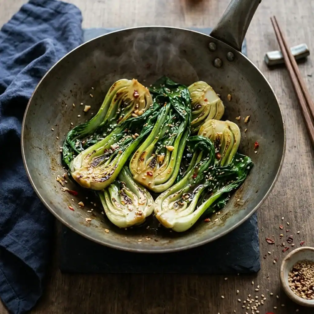 Halbierter, scharf gebratener Pak Choi in einem dunklen Wok, glasiert mit Sojasauce, Knoblauch und bestreut mit Sesam.