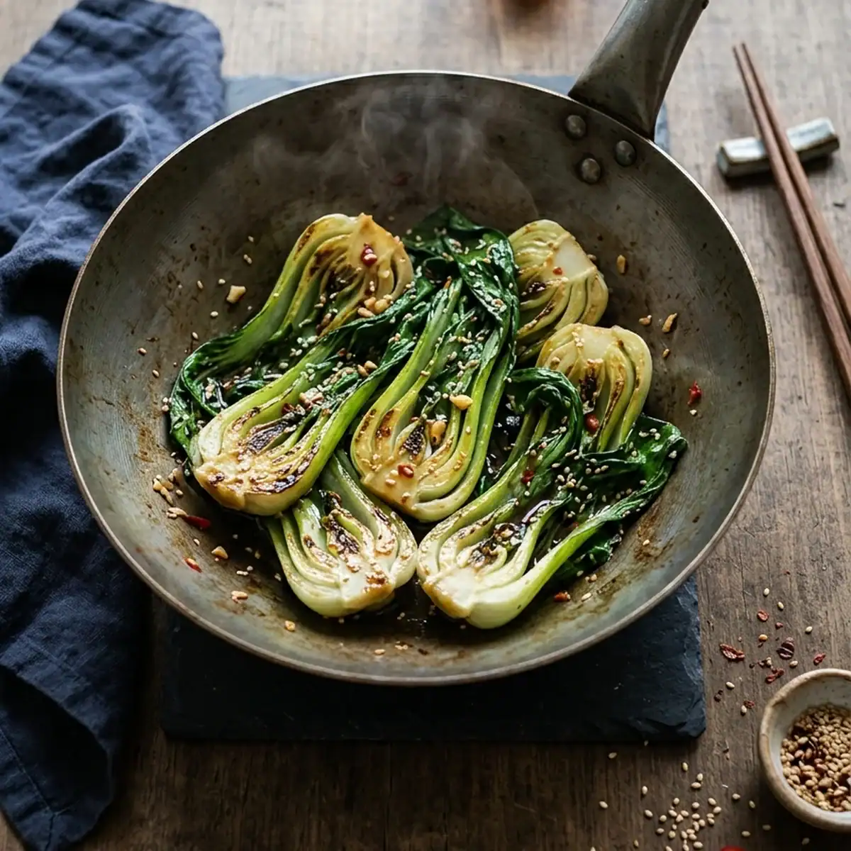 Knackiger Pak Choi aus dem Wok mit Knoblauch und Sesam