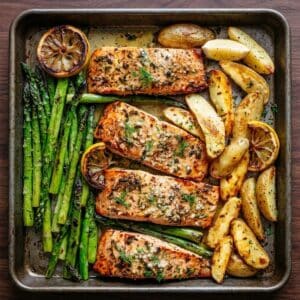 Frisch zubereitetes Gericht: Knoblauch-Butter-Lachs vom Blech mit Kartoffeln und Spargel