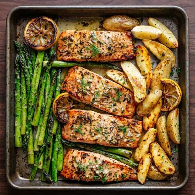 Frisch zubereitetes Gericht: Knoblauch-Butter-Lachs vom Blech mit Kartoffeln und Spargel