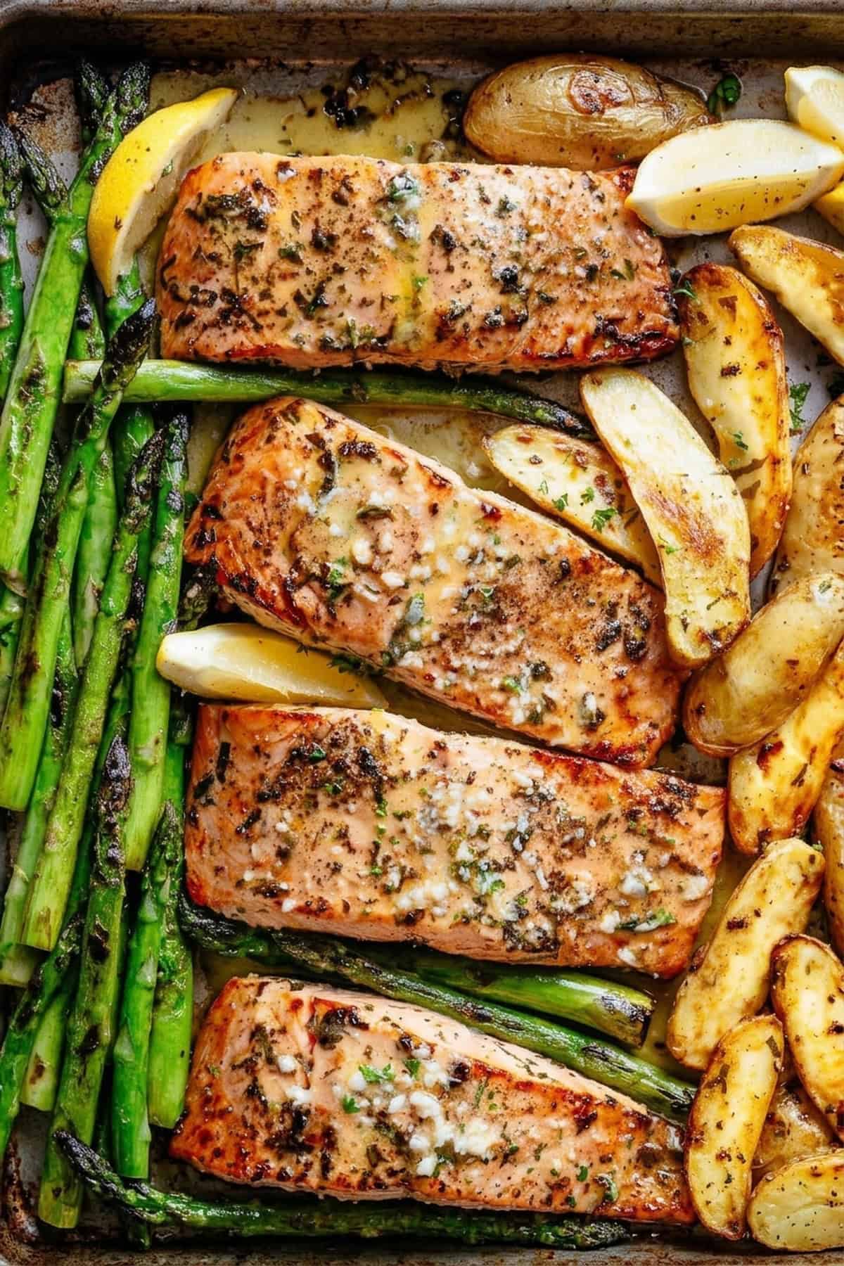 Saftiger Knoblauch-Butter-Lachs vom Blech mit Spargel und Kartoffeln
