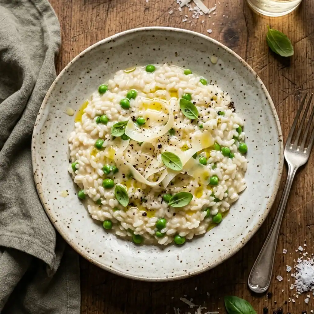 Cremiges Knoblauch-Parmesan-Risotto mit grünen Erbsen und frischem Parmesan in einer rustikalen Keramikschale auf Holztisch.