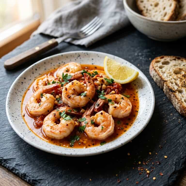 Glänzende Knoblauch-Butter-Garnelen auf frisch geschwenkten Linguine mit gehackter Petersilie und Zitronenspalten serviert