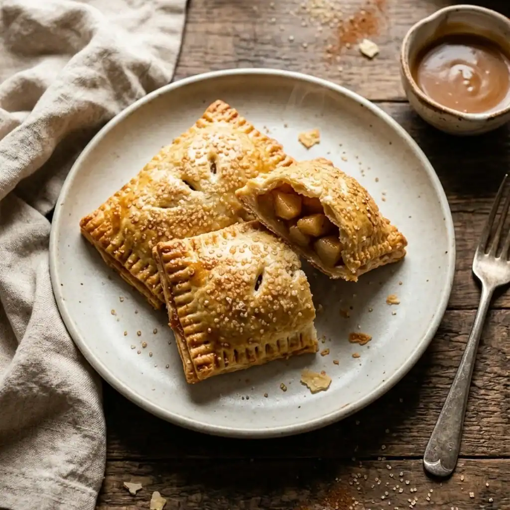 Frisch gebackene, goldbraune Apfeltaschen mit knusprigem Teigrand und grobem Rohrzucker auf einem rustikalen Teller, serviert mit Karamellsauce.