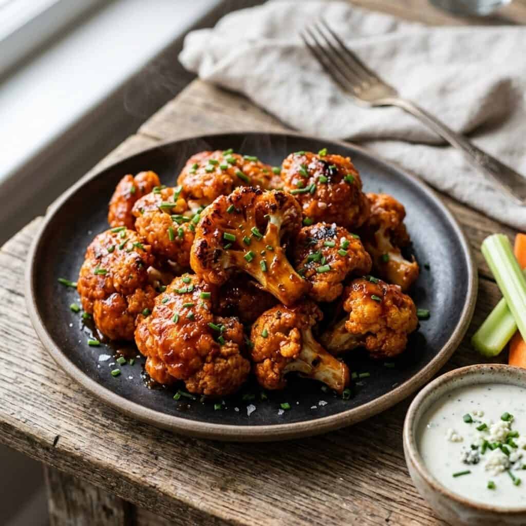 Knusprig panierte Blumenkohl-Wings, glasiert mit orangeroter, glänzender Buffalo-Sauce auf einer Servierplatte.