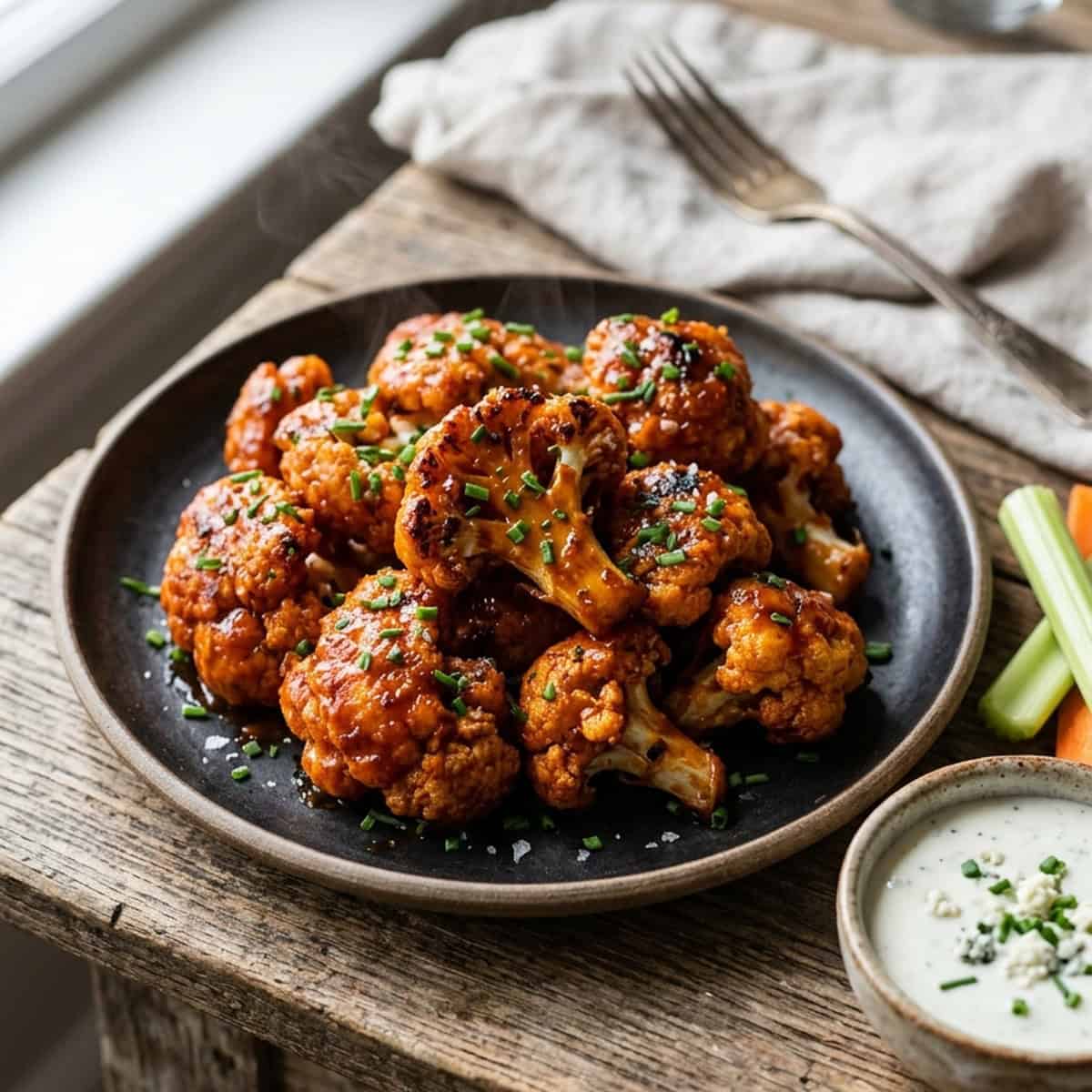 Knusprige Blumenkohl-Wings in scharfer Buffalo-Sauce