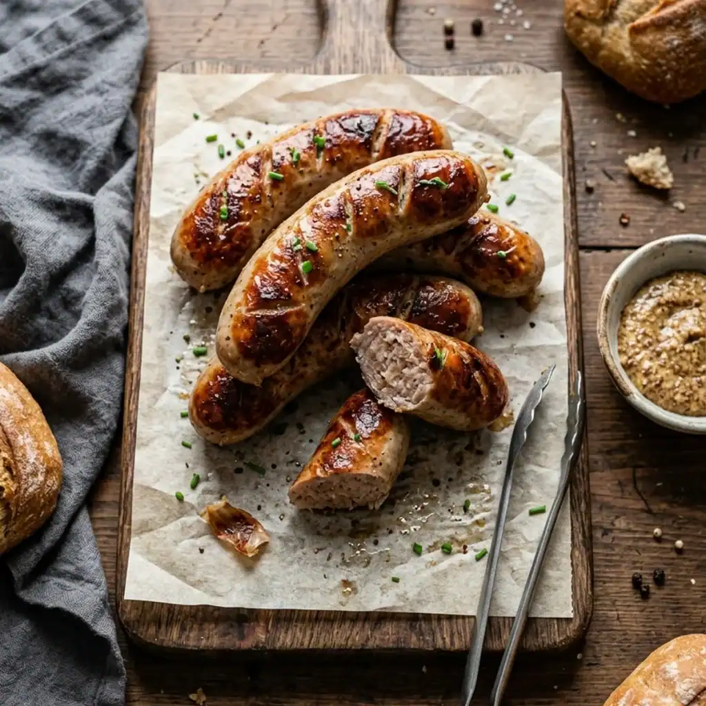 Mehrere saftig gebratene, goldbraune Bratwürste mit knuspriger Haut auf einem rustikalen Holzbrett mit Senf und Brötchen.