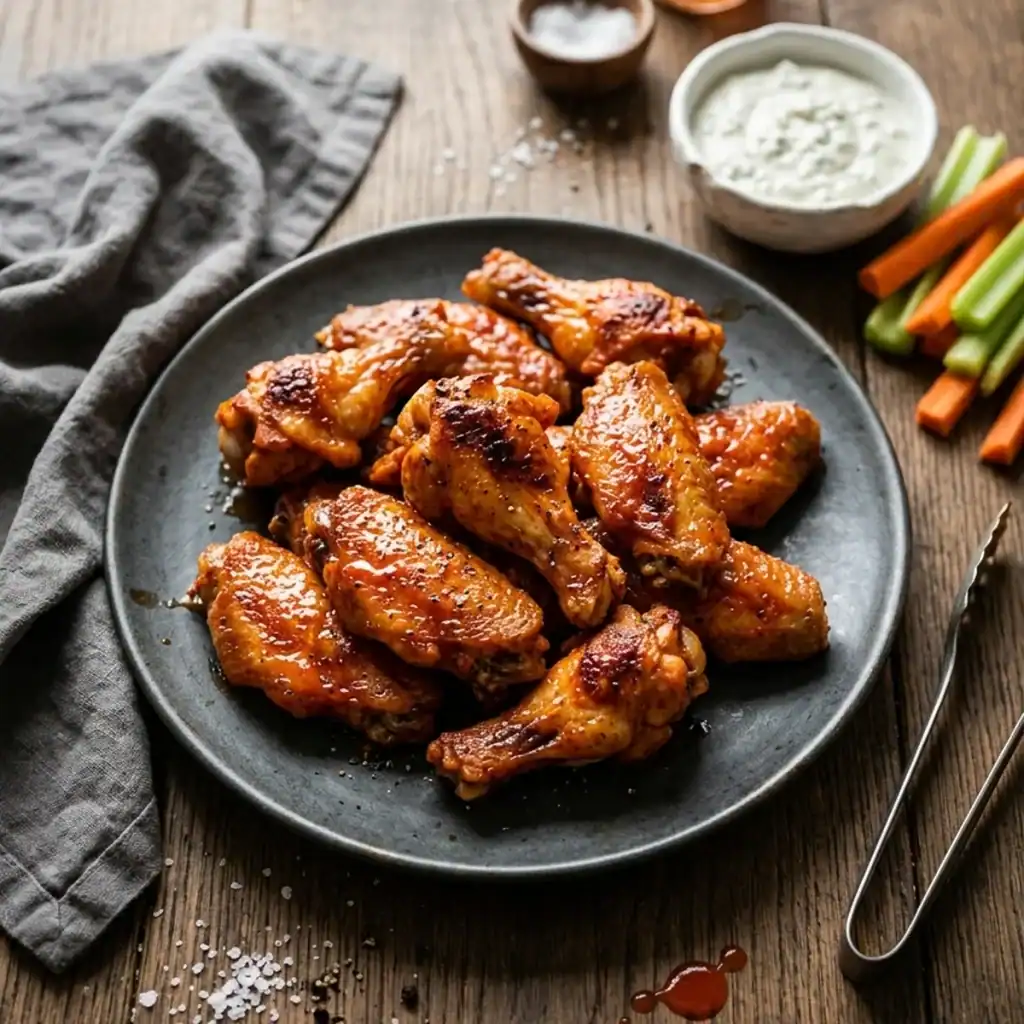Dampfende, kross gebackene Buffalo Chicken Wings mit glänzender roter Sauce auf einem dunklen Teller, serviert mit Blauschimmelkäse-Dip, Sellerie- und Karottensticks.
